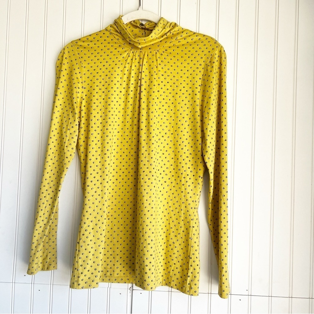 J. McLaughlin Size S Mustard Polka Dot Long Sleeve Turtle Neck Silk Top